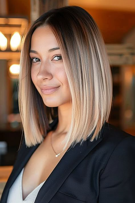 Straight Bob Hairstyles: 25 Chic Looks You Have to See Long Bob Straight Hair Brunette, Medium Bob Balayage, Face Framing Highlights Straight Hair, Long Bob Fine Hair Straight, Straight Lob With Curtain Bangs, Haircut Women 2024, Side Part Blonde Bob, Medium Long Bob Hairstyles, Round Face Bob Haircut