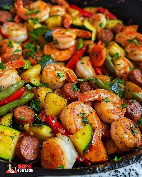 Shrimp and Sausage Veggie Skillet Healthy Shrimp And Sausage Recipes, Shrimp And Mixed Vegetables, Shrimp And Turkey Sausage Recipes, Shrimp And Sausage Stir Fry, Shrimp And Vegetables Recipes, Vegetable Skillet Recipes, Healthy Shrimp Recipes Dinner, Sausage And Veggies Skillet, Shrimp And Veggies Recipes