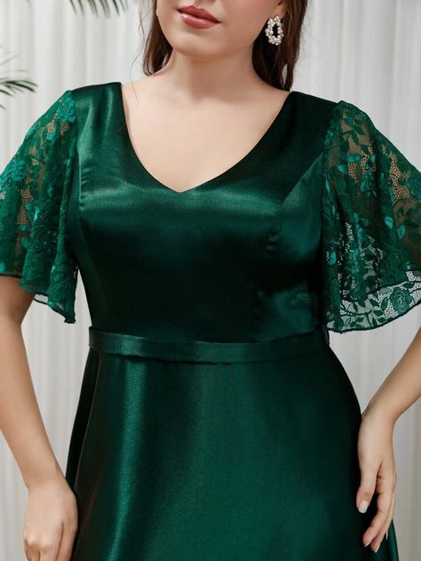 SHEIN Belle Plus Contrast Lace Butterfly Sleeve Satin Bridesmaid Dress | SHEIN USA Bridesmaid Gown Design, Net Sleeves, Lace Butterfly, Satin Bridesmaid Dress, Satin Bridesmaid Dresses, Butterfly Sleeve, Butterfly Dress, Butterfly Sleeves, Bridesmaid Gown