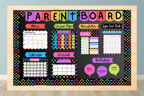 I've bundled all my parent information forms into this super cute and colorful Parent Information board. Includes everything you need to make a fun and professional bulletin board set up. 
Includes-
-Weekly Menu Plan Template
-Weekly Activity Map Template
-Newsletter Template
-Sign in/ Out Template
-Calendar Template
-Weekly Schedule Template
-Rainbow Dot Boarder
-Parent Board Banner
- Birthday Reminders
- Bulletin Board Headers
And MORE!
AMAZING VALUE Childcare Office Decor Ideas, Daycare Picture Wall, Parents Information Board Preschool, Bulletin Board Information Center, Parent Bulletin Boards Daycare, Parent Info Bulletin Board Ideas, Parents Information Board Daycare, Parents Board Preschool, Lesson Plan Bulletin Board