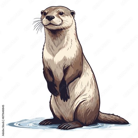 Otter Illustration with Water Splash Sea Otters Drawing, Cute Otters Drawing, Otter Standing, Otter Sketch, Otter Clipart, Animals Sketches, Otter Cartoon, Otter Animal, Otter Design