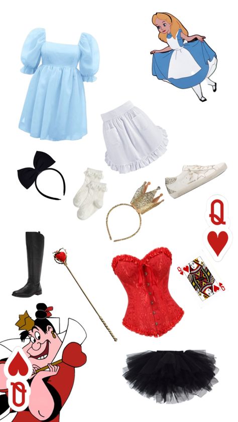 Alice and the queen of hearts Alice And Queen Of Hearts Costume, Hatter And Alice, Midsummers Night, Matching Halloween Costumes, Heart Costume, Duo Costumes, Queen Of Hearts Costume, The Queen Of Hearts, The Mad Hatter