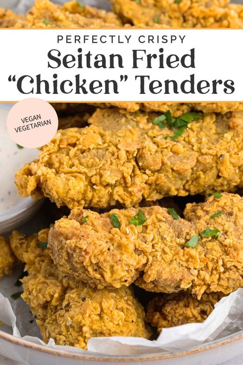 These crispy seitan fried "chicken" tenders are the perfect vegan alternative to traditional chicken strips. Featuring a tender "meat" made from homemade seitan and a crispy vegan buttermilk breading that fries up beautifully. Seitan Fried Chicken, Vegan Buttermilk, Seitan Chicken, Homemade Seitan, Chicken Strip Recipes, Fried Chicken Strips, Vegan Fried Chicken, Seitan Recipes, Vegan Fries