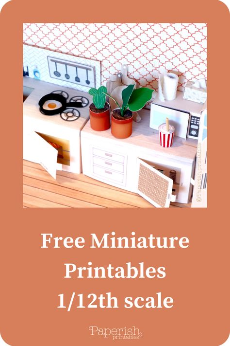 Download our free printable templates and make miniature kitchen items, wallpaper, floor, rugs, plants with paper in 1/12th scale. 1/6th scale is also available. #printableminiaturesfree #dollhouseprintables #dollhouseminiatures #miniatureprojects #printablesminiaturesfree Paper Doll Furniture Free Printable, 3d Paper Doll House Furniture Templates, Diy Miniatures Tutorials Free Printable, Free Printable Doll House Wallpaper, Paper Dollhouse Furniture Printables, Miniature Kitchen Printables, Miniature Projects Free Printable, Printable Doll House Templates, Dollhouse Furniture Templates Free Printable