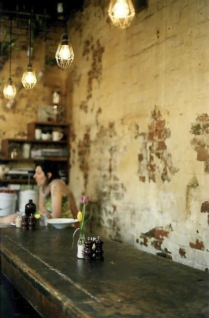 Monk Bodhi Dharma, Melbourne. Stripped back and gorgeous. True Melbourne style. #interiordesign Vintage Industrial Interior Design, Vintage Industrial Interior, Industrial Cafe, Industrial Interior Design, Hotel Interior Design, Brick Walls, Bar Interior, Cafe Shop, Hotel Interior