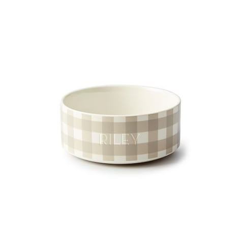 Give your kitchen a colorful refresh with these spring-inspired gingham dog bowls. Crafted from durable ceramic, the bowls have a solid weight that can handle even the most excited dogs at dinner time. Each bowl features a scratch-resistant glaze and is dishwasher and microwave safe. Available in two sizes, coordinate your favorite colors or pick up two matching bowls with your dog's name engraved on the side.    Small: 4.25" x 3"h  Large: 9.25" x 3"h  Ceramic porcelain.  Imported.  Monogramming Dog Bowls With Stand, Fancy Dog Bowls, Aesthetic Dog Bowls, Pottery Dog Bowl, Cute Dog Bowls, Puppy Bowl, Excited Dog, Dog Accesories, Ceramic Dog Bowl