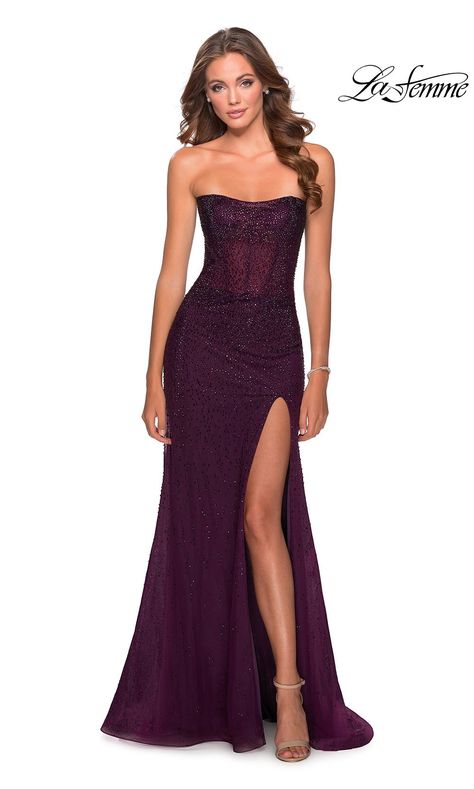 La Femme LF28621 long dark berry fitted sexy prom dress with high slit and strapless neckline. This dark purple sleek and sexy formal full length sequin beaded evening gown with leg slit is perfect for 2020 prom Flowy Prom Dresses, Dark Purple Dresses, Formal Ideas, Prom Dress Inspo, Prom Inspiration, Beaded Evening Gowns, Dress Stands, Purple Prom Dress, Prom Dress Stores