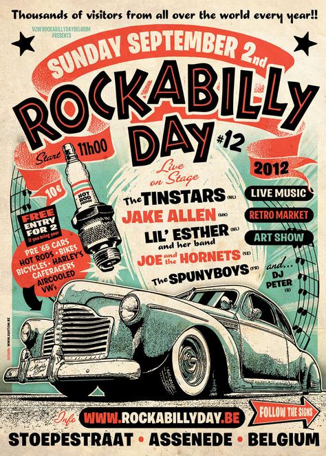 KUSTOM GRAPHIC DESIGN: ROCKABILLY DAY 2012 Vintage Retro Posters, Graphic Design Vintage, Flyer Illustration, Pop Art Vintage, Rockabilly Art, ポップアート ポスター, Retro Graphic Design, Plakat Design, Vintage Graphic Design