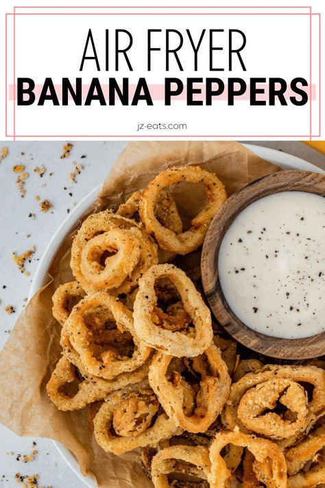 Air Fryer Pineapple Rings, Dinners With Banana Peppers, Fried Banana Pepper Rings, Banana Pepper Air Fryer, Air Fried Peppers, Banana Pepper Dinner Recipes, Air Fryer Banana Pepper Rings, Pizza With Banana Peppers, Air Fried Banana Peppers