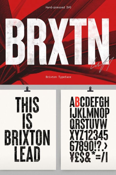 Ad: Brixton Typefamily includes two SVG letterpress styles: Wood and Lead Brixton is a bold hand-printed typefamily, that celebrates the original letterpress style and all its beautiful imperfections. It's narrow powerful shapes lend itself to strong design, whilst the textures give it an authentic voice. #sponsored #ad #font #svgfont #otffont #type #allcaps #sansserif Font Abc, Beautiful Imperfections, Strong Font, Otf Font, S Alphabet, Alphabet Font, Outing Quotes, Comic Book Superheroes, Creative Fonts