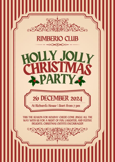 Step back in time with our Vintage Christmas Party! Celebrate with timeless holiday classics, good company, and festive fun. Vintage Christmas Invitations, Christmas Banquet Themes, Christmas Vintage Poster, Christmas Party Invitations Ideas, Christmas Event Poster, Christmas Invitations Ideas, Classic Christmas Party, Vintage Classic Christmas, Vintage Christmas Invitation