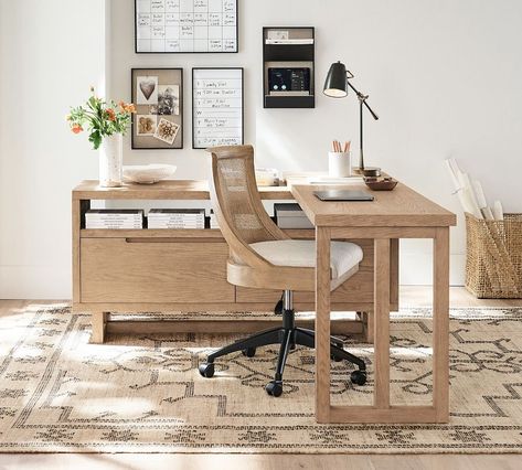 Portola L-Shape Rotating Desk | Pottery Barn Pottery Barn Desk, Rotating Desk, Organized Person, Swivel Desk Chair, Swivel Desk, Swivel Chair Desk, Desk In Living Room, Desk Accessories Office, Office Workspace