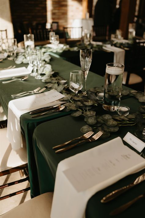 Hunter Green Linens Wedding, Midnight Blue And Emerald Green Wedding, Green Ivory And Gold Winter Wedding, Hunter Green Table Cloth Wedding, Dark Green Table Cloth Wedding, Emerald Green Wedding Decorations Centerpieces Table Settings, Dark Green Wedding Table Settings, Wedding Green Tablecloth, Forest Green And Beige Wedding