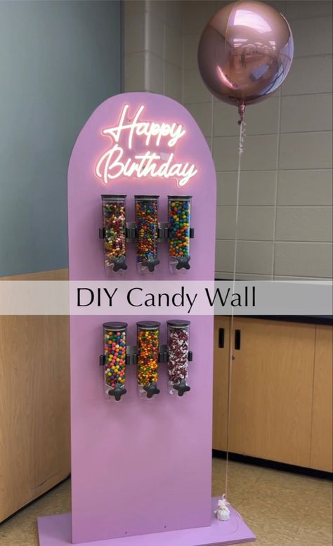 Candy wall dispenser Sweet Treat Theme Party, Rental Ideas Diy, Stands For Birthday Party, Party Packages Ideas, Two Sweet Birthday Backdrop, Business Birthday Party, Candy Backdrop Ideas, Candy Dispenser Wall Party, Diy Decor For Party