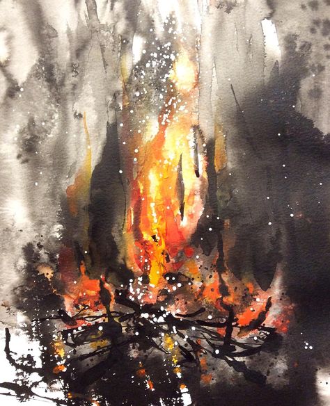 Tree On Fire Drawing, Paintings Of Fire, Fire Ink Drawing, Watercolour Fire, Fire Watercolor, Fire Drawing, Ink And Watercolour, Nature Art Drawings, Fire Painting