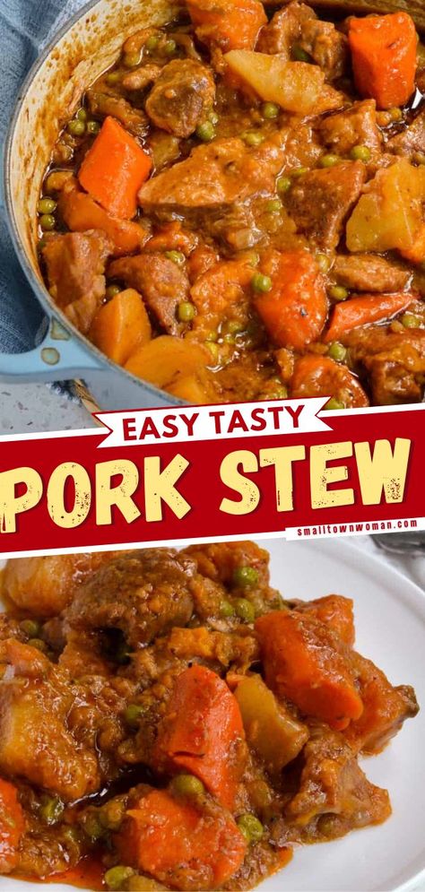 Pork Stew, pork recipe for dinner, comfort food Pork Chop Stew, Pork Stew Meat Recipes, Pork Stew Meat, Tomato Beef, Pork Stew Recipes, Garlic Carrots, Carrots Potatoes, Leftover Pork, Stew Meat Recipes