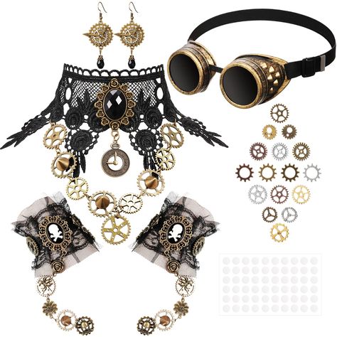 PRICES MAY VARY. Enough Quantity to Sue: you will receive 1 pair of steampunk goggles, 1 piece of gear choker necklace, 1 pair of steampunk wristbands and 1 pair of gear earrings, 54 pcs DIY assorted color steampunk gothic eye decals in one package, enough quantity to satisfy your different party decorative requirements, making you easily attract others' attention Sturdy and Solid Material: steampunk cyber goggles glasses lens is made of resistant glass, and the frame is made of hard coated plas Steampunk Accessories Women, Diy Steampunk Costume, Steampunk Costume Ideas, Steampunk Jewelry Diy, Diy Steampunk, Gear Earrings, Women Steampunk, Steampunk Bracelet, Goggles Glasses