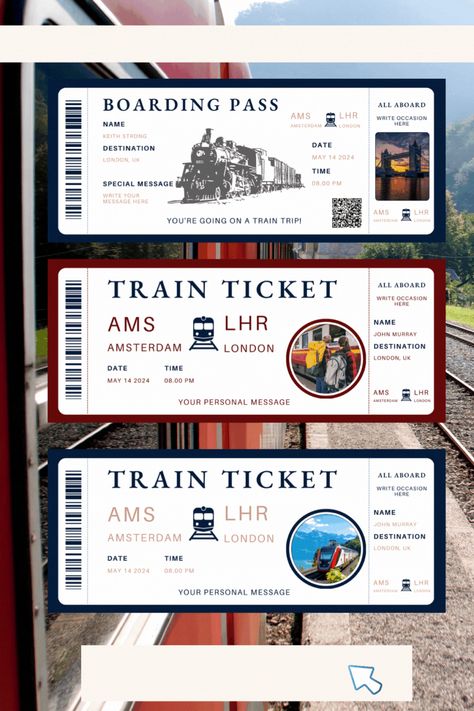 Are you looking for a unique and personalized gift for a friend or family member who loves to travel by train? Look no further than this Train ticket editable template! 📐 WHAT CAN YOU CUSTOMIZE 📐 - Change Text - Fonts, Size, Colors, Alignment - Use your preferred background - Add your own branding - Logos, Images, Colors, and Fonts. - Edit, add, or delete shapes to create a unique design. - Add your contact info - Add/ remove pages Travel Ticket Design, Train Ticket Design, Train Ticket Art, Train Ticket Template, Train Ticket Invitations, Train Ticket Booking, Vintage Train Ticket, Travel By Train, Train Ticket