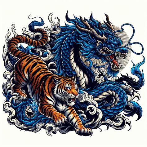 Tiger Japanese Art, Dragon Tiger Tattoo, Blue Dragon Tattoo, Tiger And Dragon, Dragon Tattoo Drawing, Ink Tattoo Design, Red Tattoo Ideas, Red Ink Tattoo, Tiger Dragon