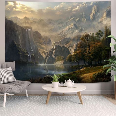 PRICES MAY VARY. 【Multiple Size Options】: 36"×48"(90×120cm), 44"×60"(112.5×150cm), 60"×80"(150×200cm). 【Unique design】: This tapestry mainly depicts scenes from a fantasy world, with mountains, forests, waterfalls, and lakes in the sunlight, creating a magnificent atmosphere that fills your room with a natural atmosphere. 【High-Quality】: 100% high quality polyester fabric, it is durable and good color retention, soft and lightweight High definition designer work with delicate seam edges that do Sunshine Nature, World Tapestry, Tapestry For Bedroom, Nature Waterfall, Cheap Wall Tapestries, Forest Tapestry, Waterfall Landscape, Living Room Warm, Large Tapestries