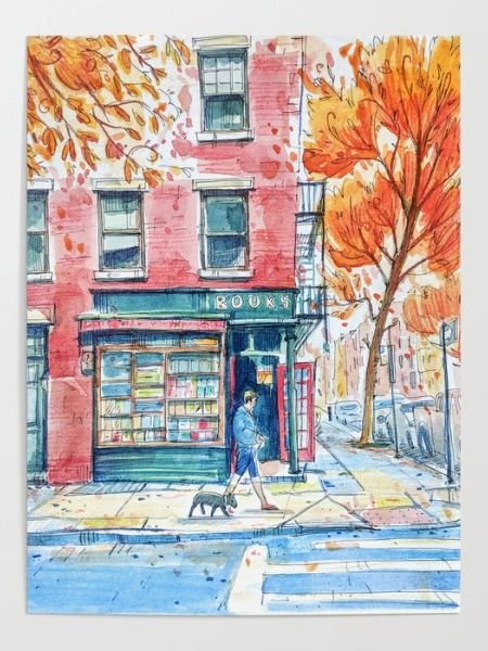 This beautiful original watercolor artwork shows off my favorite bookstore in Manhattan and captures the vibrant color fall palette of NYC. Urban City Painting, Drawing Ideas Watercolor Artworks, Watercolour City Painting, Watercolor Urban Landscape, Digital Urban Sketching, Autumn City Painting, New York Painting Aesthetic, New York City Watercolor Painting, New York Art Print