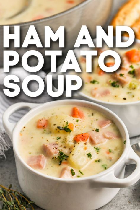 This ham and potato soup recipe creates the best thick and creamy soup! Made with diced ham, potatoes, and your choice of shredded cheese, this soup is hearty and delicious! #spendwithpennies #hamandpotatosoup #potatosoup #souprecipe Crockpot Ham And Potato Soup, Creamy Ham And Potato Soup, Crockpot Ham And Potatoes, Ham Potato Soup, Ham Bone Soup, Meat And Potatoes Recipes, Ham And Potato Soup, Cozy Soup, Savory Ham