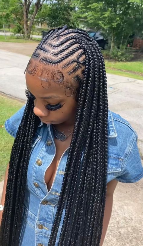 Cute Braided Hairstyles Fulani, Elastic Braids Hairstyles, Braids For 11yrs, Side Part Fulani Braids With Curls, Half Feedins Half Knotless Braids, Fulani Braids No Curls, Fulani Braids In A Bun, Simple Fulani Braids With Design, 13 Birthday Hairstyles Braids