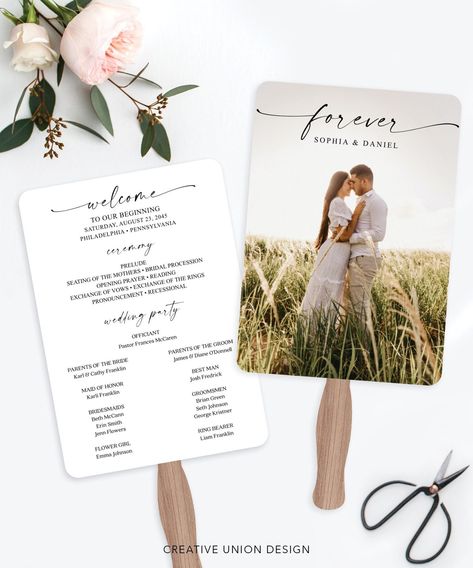 "These wedding fan programs are perfect for any wedding budget! Easy to edit, print & assmble! PLEASE NOTE: This purchase is for a digital template. No physical item will be shipped. * * * * * HOW TO ASSEMBLE VIDEO * * * * * https://youtu.be/_lTMlNSocrY * * * * * TRY BEFORE YOU BUY * * * * * https://www.corjl.com/d/546NK8 * * * * * MATCHING ITEMS * * * * * Create your own package! Go to our shop home page and search: Bohemian Script Or simply click here: https://tidd.ly/3A2I54t * * * * * HOW IT Fan Programs Wedding Diy, Wedding Ceremony Cards Program, Wedding Itinerary Fan, Paper Fans For Wedding, Wedding Fans Programs, Diy Wedding Fans For Guests, Handheld Fans For Wedding, Fan Programs Wedding, Wedding Fans For Guests Diy