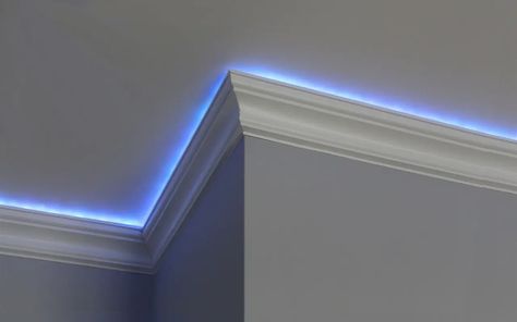 incorporating LED strip lights into crown molding Crown Molding Uplighting, Hidden Led Strip Lighting Ceiling, Led Lights Around Ceiling, Crown Moulding With Led Lights, Diy Crown Molding With Led Lights, Ceiling Strip Lighting Ideas, Crown Molding Led Lighting, How To Hide Led Strip Lights, Led Crown Molding