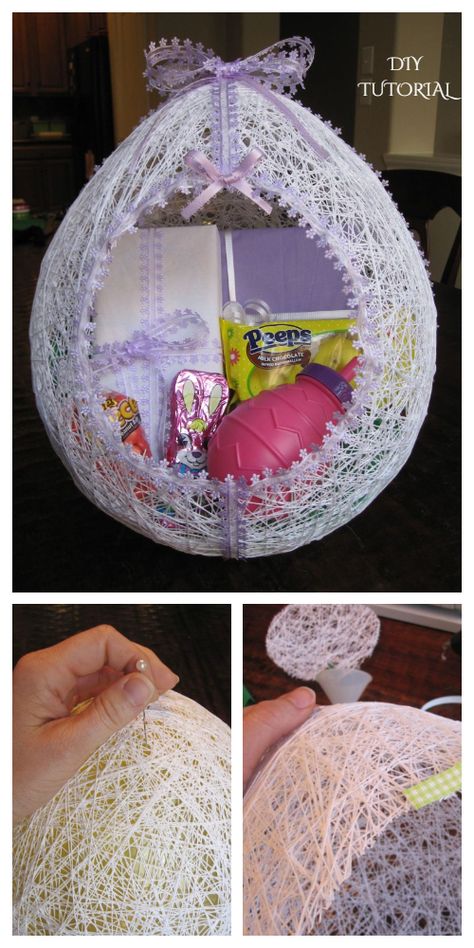 Easter Egg String Basket DIY Tutorial Using Balloon + Video - DIY Tutorials Yarn Easter Basket, String Easter Basket, String Balloons, Creative Easter Baskets, Easter Baskets To Make, Basket Diy, Easter Egg Basket, Kids Easter Basket, Balloon Crafts