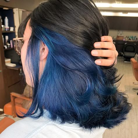 Blue Hair Underneath, Blue Peekaboo, Under Hair Dye, Midnight Blue Hair, Blue Hair Highlights, Hidden Hair Color, Dyed Hair Blue, Dark Blue Hair, Hair Color Underneath