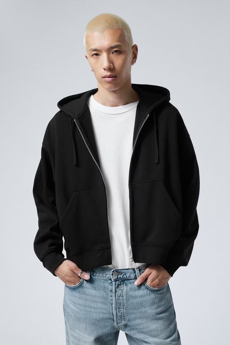 Boxy Midweight Zip Hoodie - Long sleeve - Regular length - Black - Men | H&M GB Zipper Hoodie Outfit Men, Zip Hoodie Outfit, Zipper Outfit, Hoodie Outfit Men, Black Zip Hoodie, Zip Hoodies, Men Trousers, Loose Fit Jeans, Hoodie Outfit