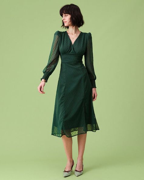 Free shipping on orders over $69. Shop The Green V Neck Jacquard Sheer Sleeve Midi Dress - green - xs,s,m,l,xl at RIHOAS. Green Chiffon Midi Dress, Sheer Sleeve Dress, Sage Green Dress, Tailored Clothes, Wedding 2024, V Neck Midi Dress, Super Cute Dresses, Formal Dresses For Women, Green Midi Dress