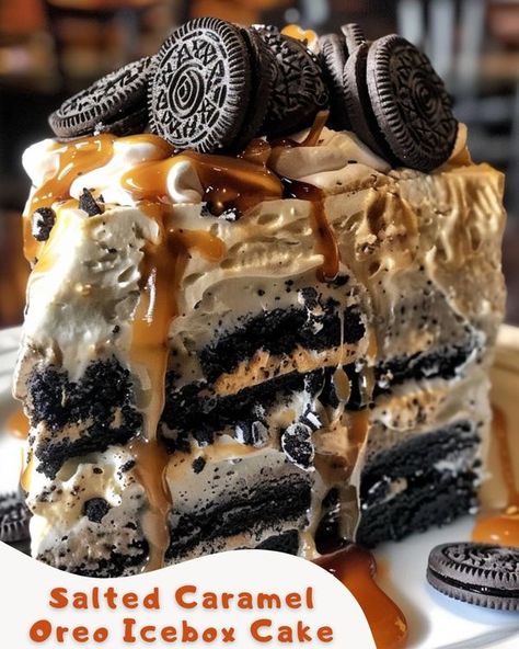 Salted Caramel Oreo Icebox Cake, Oreo Ice Box Cake, Oreo Icebox Cake, Grandma Recipes, Ice Box Cake, Pound Cake Recipes Easy, Box Cakes, July Desserts, 4th Of July Desserts