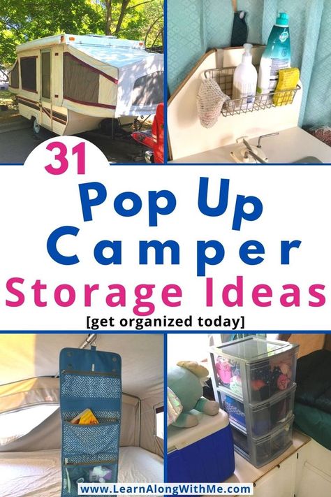 Get organized with these pop up camper storage ideas and organization tips.  The article has storage ideas for clothes, dishes, small items, and more.
Plus there are a variety of hanging storage ideas to help you make the most out of the vertical space in your pop up camper.
One thing we've noticed with our pop up camper is its small footprint makes it necessary to think about using vertical space like hanging organizers.  
#popupcamperstorage  #popupcamperorganization  #popupcamperhacks How To Pack A Pop Up Camper, Pop Up Camper Storage Ideas, Pop Up Camper Storage, Storage Ideas For Clothes, Hanging Storage Ideas, Pop Up Camper Accessories, Jayco Pop Up Campers, Small Pop Up Campers, Tent Trailer Camping