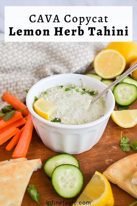 bowl full of tahini sauce with vegetables on side. Lemon Herb Tahini Dressing, Cava Copycat, Season Mixes, Tahini Dip, Lemon Tahini Sauce, Salad Spinach, Lemon Tahini Dressing, Cold Pasta Salad, Budget Kitchen