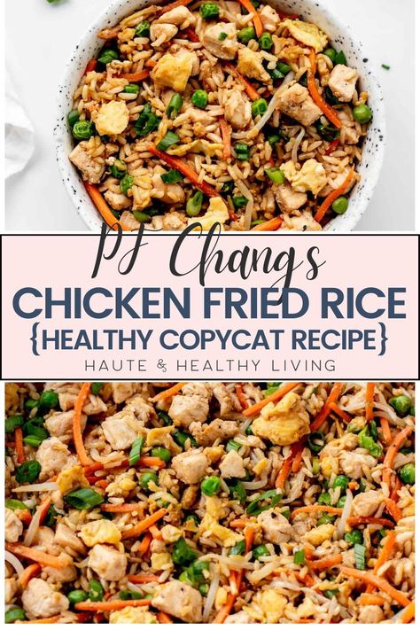 A traditional comfort dish, chicken fried rice made at home is a recipe from PF Chang. It's so warm and fulfilling, with the most lovely, aromatic aroma that will draw the entire family to the table! With reduced fat, sodium, and calorie content, this healthier version retains all of your favorite flavors! #hauteandhealthyliving #PFChangfriedrice #healthydinner #familyfriendly 21 Day Fix Fried Rice, Chicken Fried Rice Bowl, Gf Chicken Fried Rice, Chinese Food Recipes Chicken Fried Rice, Ground Chicken Fried Rice Recipe, Chicken Fried Rice No Egg, Whole 30 Fried Rice, Fried Chicken Rice Recipe, Keto Chicken Fried Rice