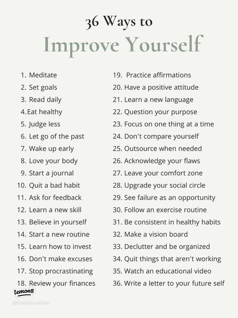 36 Ways to Improve Yourself (save this) ✨ | Gallery posted by Michelle G. | Lemon8 Ways To Improve Yourself, Tenk Positivt, Becoming Her, Better Version Of Yourself, Practicing Self Love, Self Care Bullet Journal, Writing Therapy, Get My Life Together, Better Version