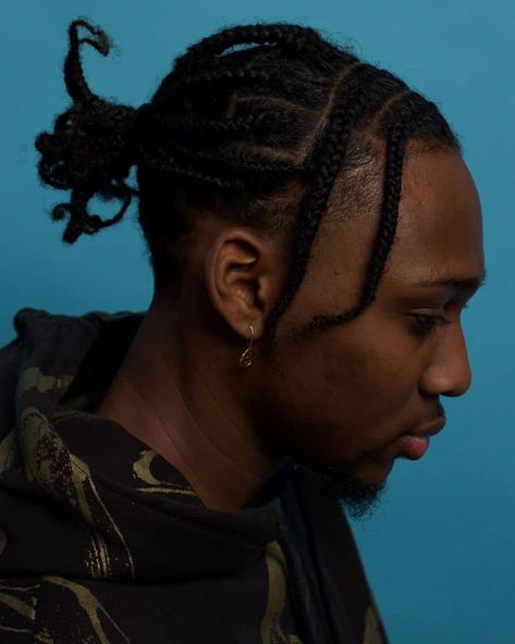 A Man Wearing Micro Braids Hairstyle With A Small Ponytail On The Top Best Braids Hairstyles, Black Bot, Braids Haircut, Braids Hairstyles For Men, Men Ponytail, Thin Braids, Funky Braids, Mohawk Braids, Small Ponytail