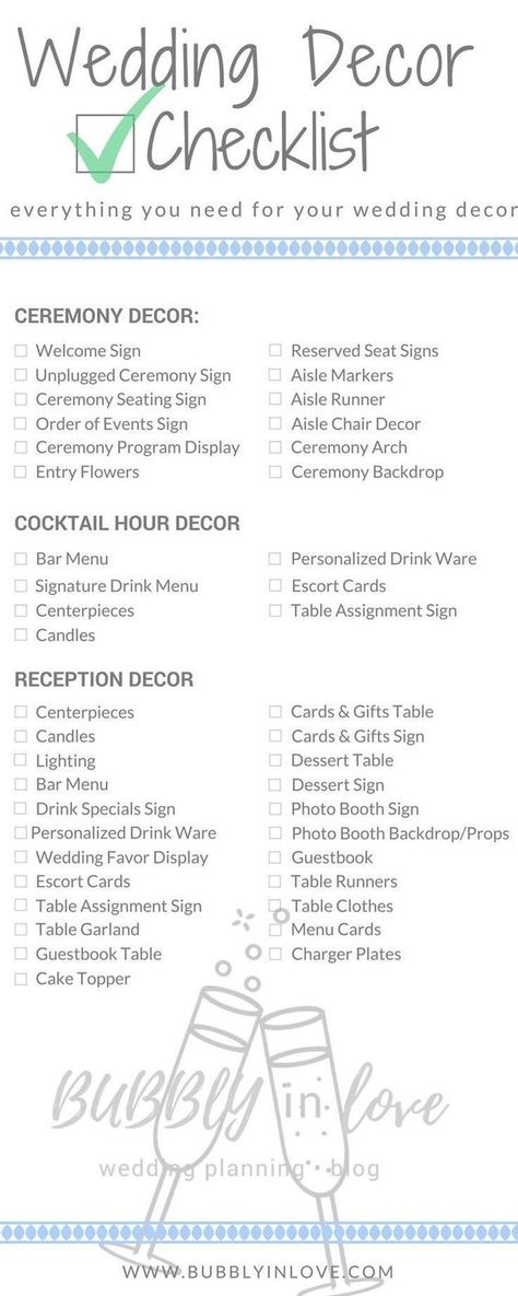 Wedding Decor Checklist Just in case you need to know what should get done and when ... and to make things get done as well. Reception Schedule, Wedding Reception Schedule, Reception Checklist, Wedding Decor Checklist, Wedding Reception Checklist, Wedding Decoration Checklist, Cocktail Hour Decor, Decor Checklist, Rustic Wedding Decorations