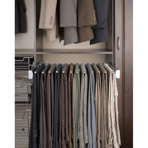 Keep your pants off the floor, for a manageable and chaos-free closet with Rev-A-Shelf’s Satin Chrome Pullout Pants Rack. If you've ever tired of paging through an entire array of hangers filled with trousers, we've got the perfect solution to this tedium. The Elite Rack slides out on full-extension, soft-close slides, showing off many pairs of pants at once. With separately-hinged, non-slip, steel hanger arms, it's easy to give your 2-legged wardrobe dedicated space in your closet. All the requ Small Walk In Closet Organization, Steel Closet, Organizing Walk In Closet, Small Walk In Closet, Pants Satin, Simplified Living, Trouser Hangers, Non Slip Hangers, Pants Rack