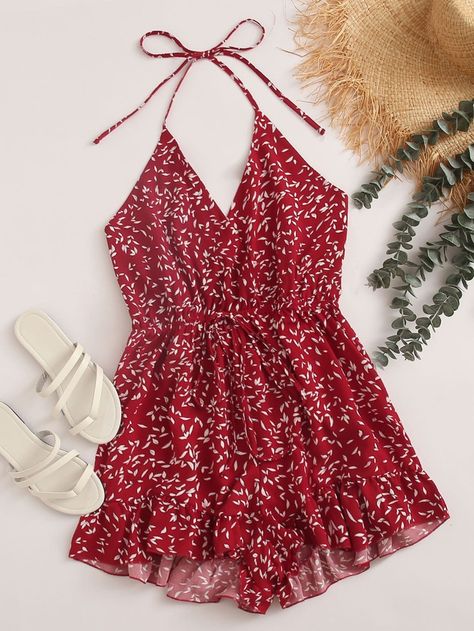 Plus Allover Print Drawstring Halter Romper | SHEIN USA Summer Rompers Women, Romper For Women, Summer Rompers, Spaghetti Strap Rompers, Jumpsuit Casual, Cami Romper, Halter Romper, Red Romper, Floral Cami