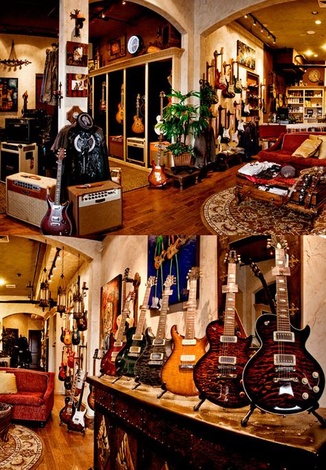 Guitar Rooms, Music Store Design, Record Studio, Guitar Display, Guitar Room, Recording Studio Home, Guitar Store, Music Studio Room, Archtop Guitar