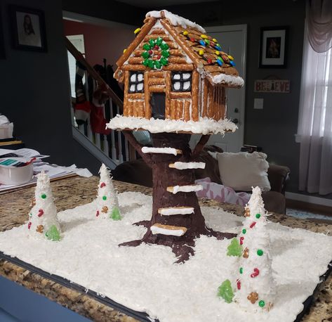 Gingerbread House Beginner, Wood Cabin Gingerbread House, Upside Down Gingerbread House, Treehouse Gingerbread House Ideas, Gingerbread House Ideas Contest Unique, Camping Gingerbread House, Gingerbread House Ideas Made Out Of Gram Crackers, Gingerbread Treehouse Ideas, Over The Top Gingerbread House