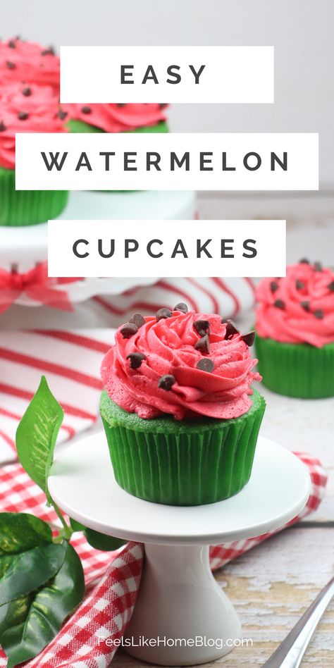 Watermelon Cupcakes Recipe, Watermelon Dessert, Watermelon Cupcakes, Buttercream Frosting For Cupcakes, Summer Cupcakes, Green Cupcakes, Watermelon Birthday Parties, Aloha Party, Watermelon Cake