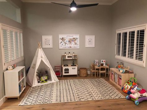 Shared Space Playroom, Breakfast Nook Play Area, Converting Dining Room To Playroom, Formal Living Room To Playroom, Dining Room With Play Area, Playroom Nook In Living Room, Play Corner Ideas Living Room, Living Room Corner Play Area, Living Room To Playroom Convert