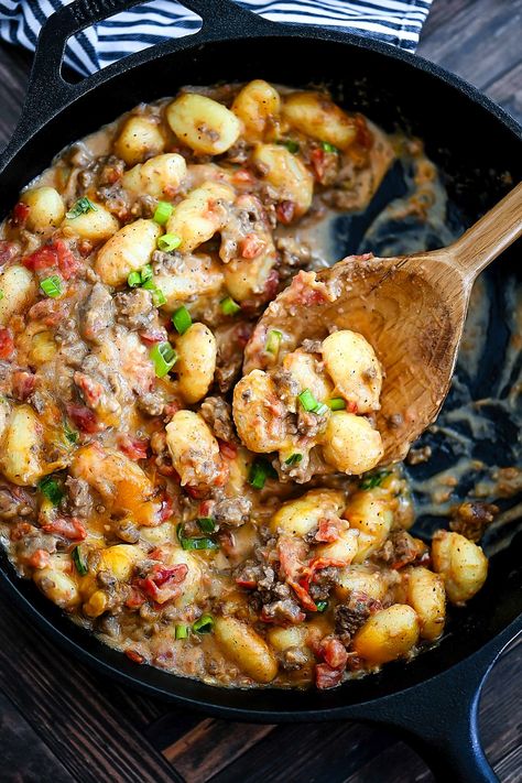 Cheeseburger Gnocchi - Life In The Lofthouse Beef And Gnocchi, Cheeseburger Gnocchi, Life In The Lofthouse, Gnocchi Dishes, Seasoned Ground Beef, Gnocchi Recipe, Potato Dumplings, Green Chiles, Gnocchi Recipes