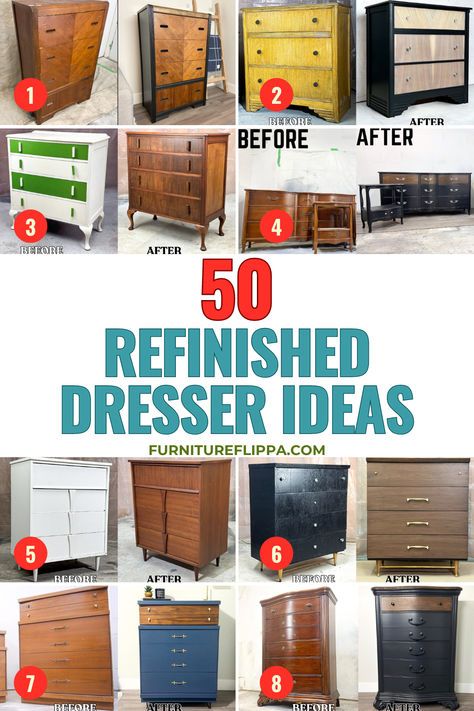 Looking for some DIY inspiration? Our list of 50 refinished dressers will inspire you for your next furniture project. Our list of dresser ideas make your furniture flipping journey that much easier. Popular Furniture Trends, Dresser Refinishing Ideas, Repainting Dresser, Upcycling Ideas Furniture, Refinish Dresser, Paint Dresser Diy, Refinished Dresser Diy, Diy Old Furniture Makeover, Dresser Remodel