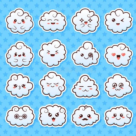 Collection of cute lovely kawaii clouds. Doodle cartoon clouds with faces in manga style. Cute emoticon emoji hand drawn. Characters. Emotion smile vector vector illustration Clouds With Faces, Clouds Doodle, Cloud Emoji, Kawaii Clouds, Kawaii Cloud, Logo Cloud, Cartoon Clouds, Kawaii Faces, Doodle Cartoon