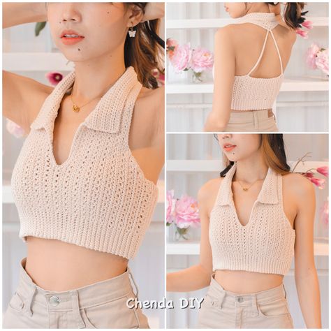 Tutorial available on my YT channel Chenda DIY Chenda Diy Crochet, Cute Crochet Top Tutorial, Knitted Top Tutorial, Crochet Collar Top, Chenda Diy, Women Tops Design, Yarn Clothes, Crochet Long Sleeve Tops, Crochet Top Outfit